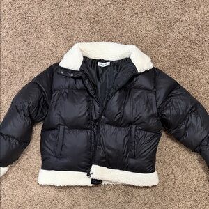 NWOT Women's Black Puffer Jacket with Faux Shearling Trim